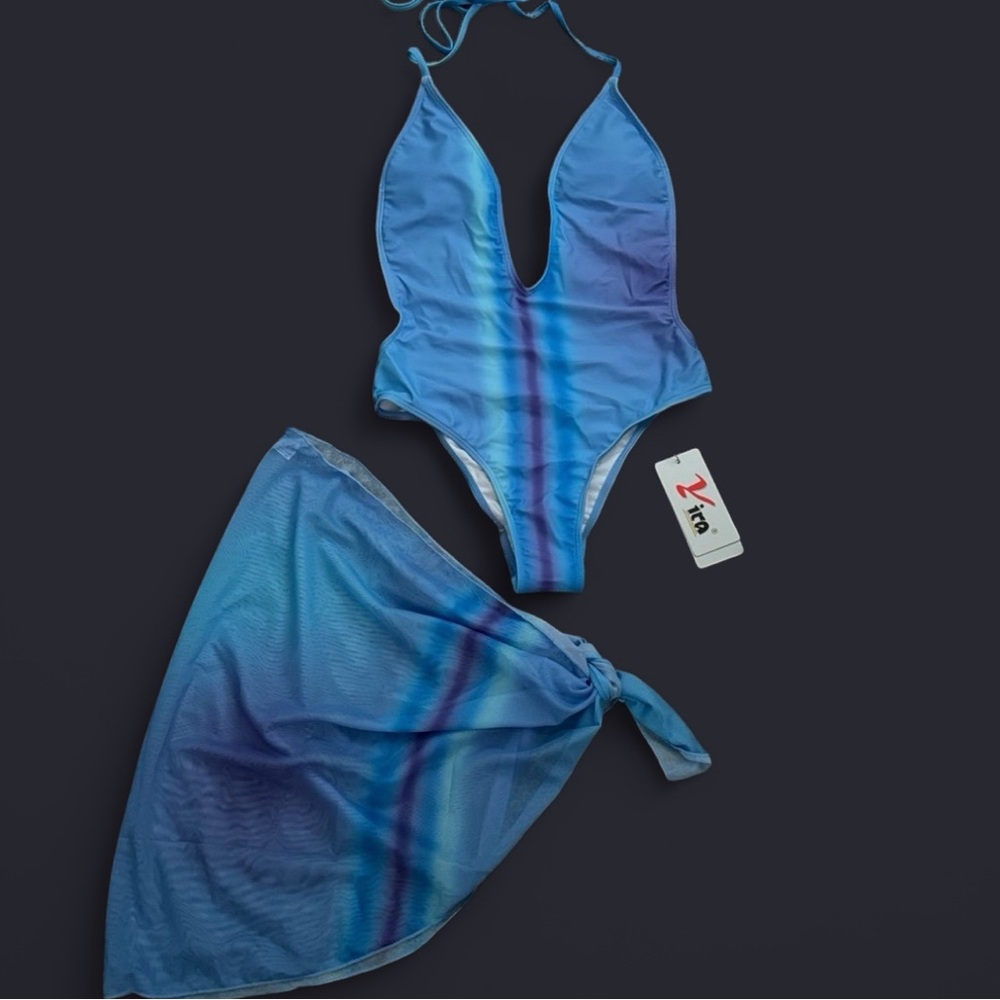 Blue One Piece with Plunging V-Neck and Asymmetrical Mesh Wrap